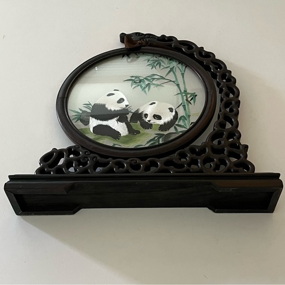 Chinese Panda Suzhou Table Silk Embroidery Double Sided Wooden Screen - Picture 12 of 12